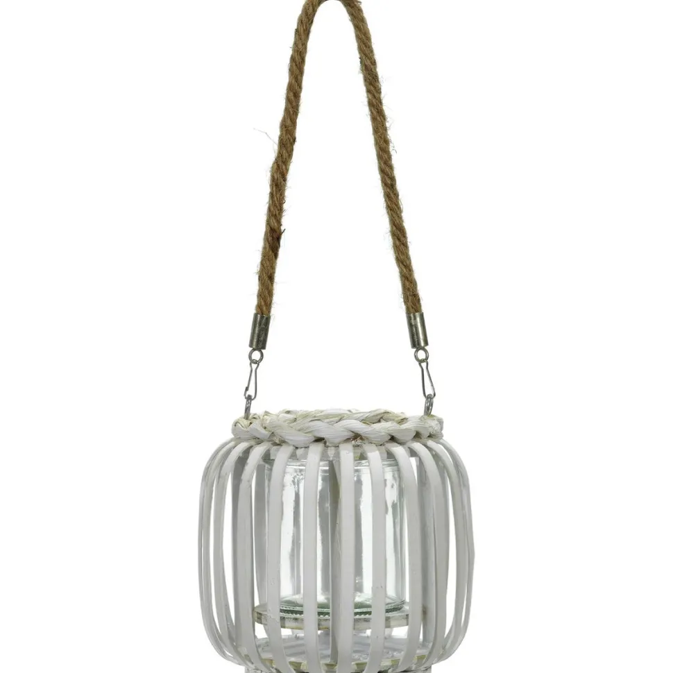 Lanterna portacandela con cestino in bamboo Bianco h14x14 cm