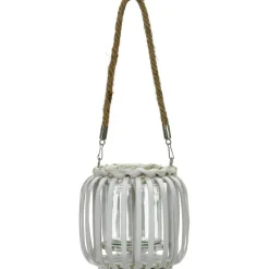 Lanterna portacandela con cestino in bamboo Bianco h14x14 cm