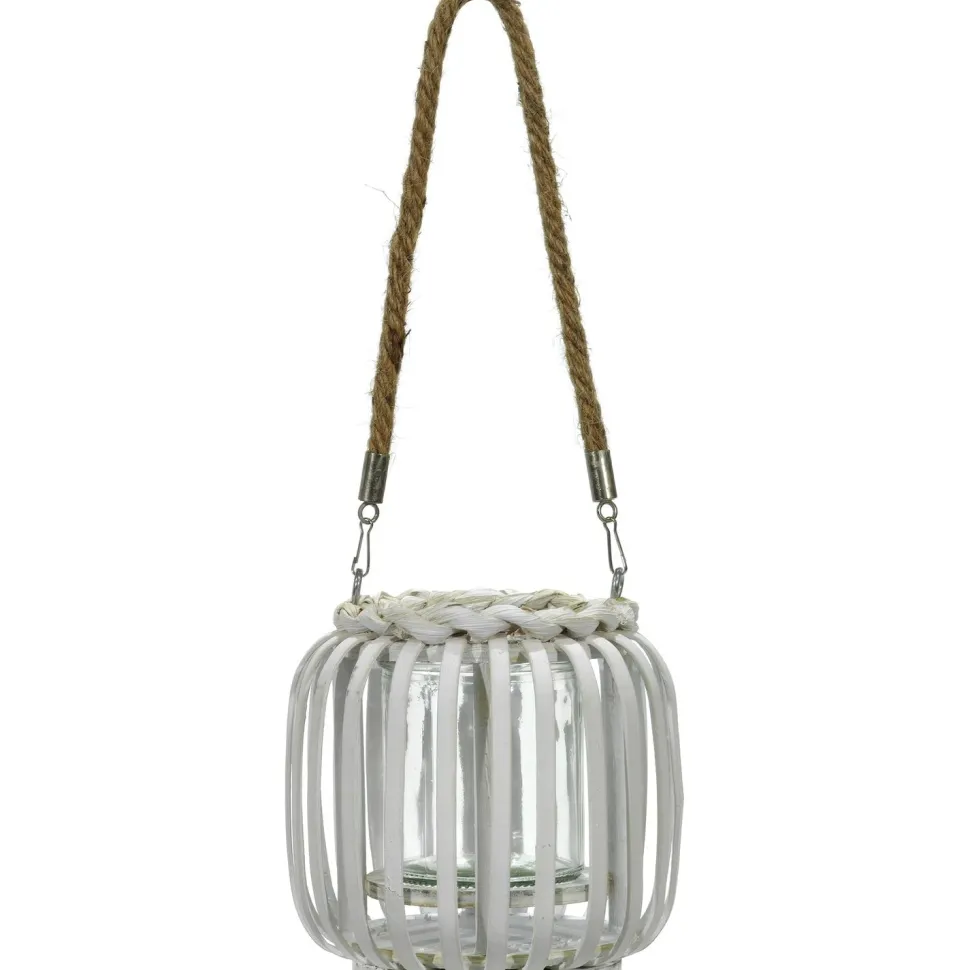 Lanterna portacandela con cestino in bamboo Bianco h14x14 cm