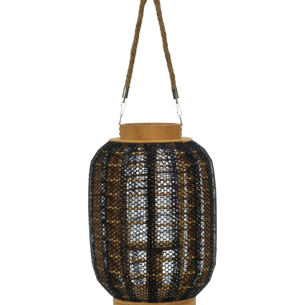 Lanterna portacandela con cestino in bamboo e tessuto di lino Nero