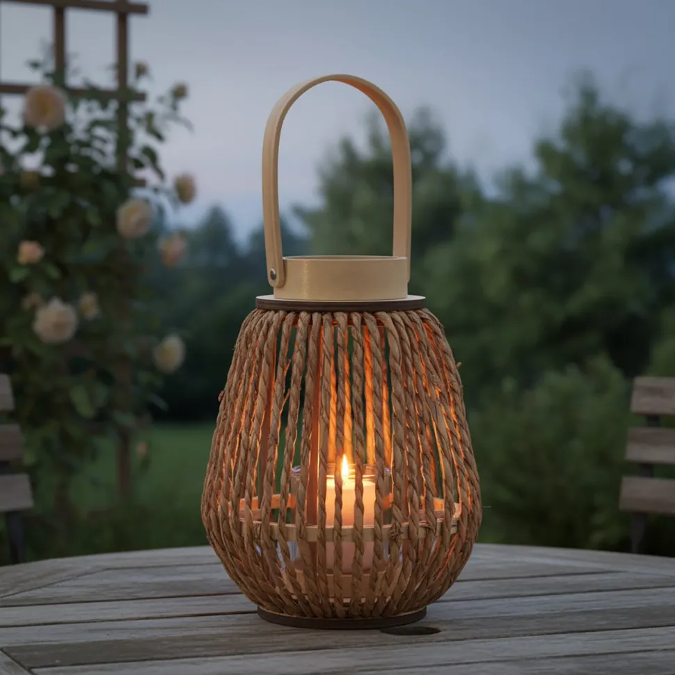 Lanterna Portacandela in Legno e Vetro con Manico Naturale h27 cm
