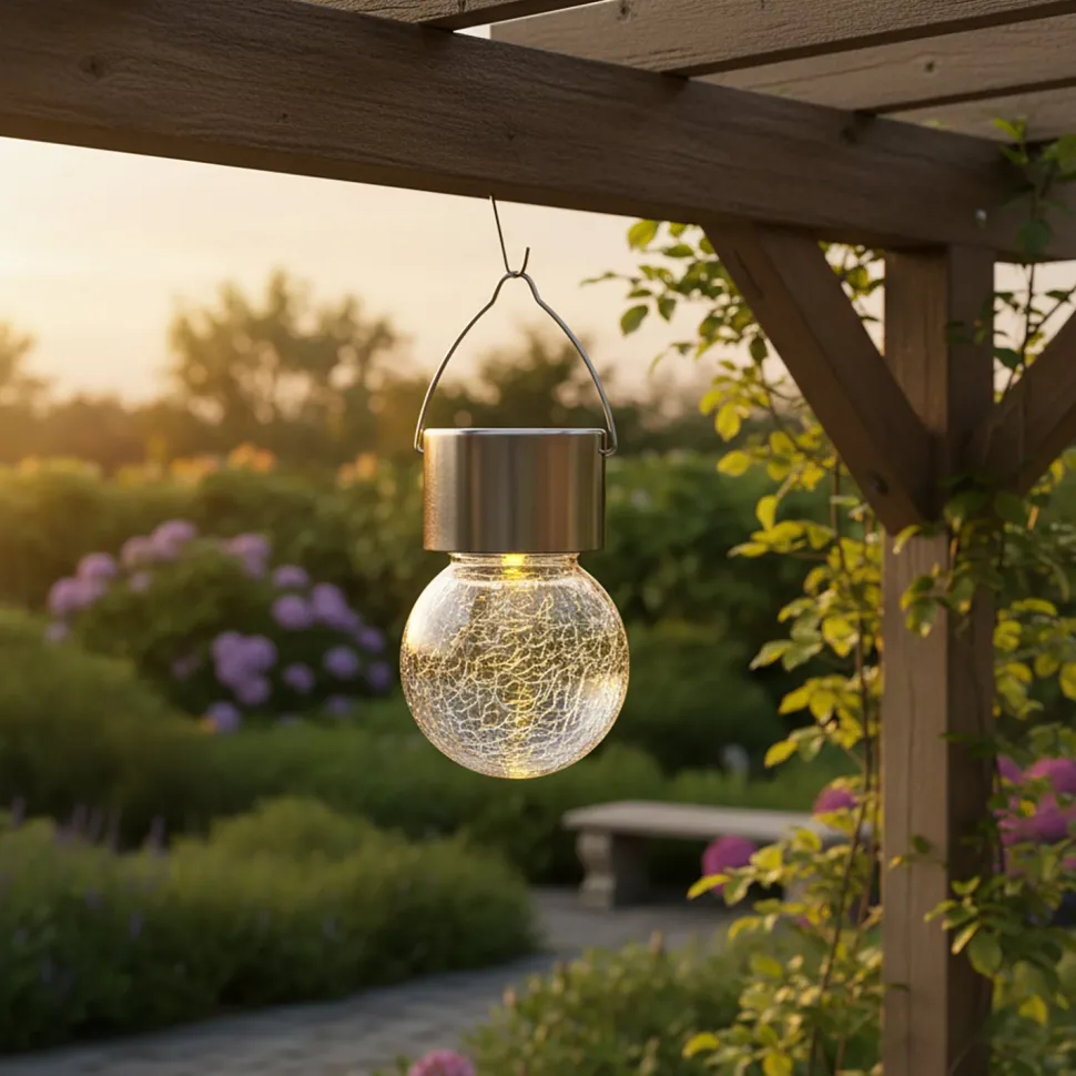 Lanterna Solare LED da giardino in Vetro e Acciaio Inox Luce Calda diametro 6 cm