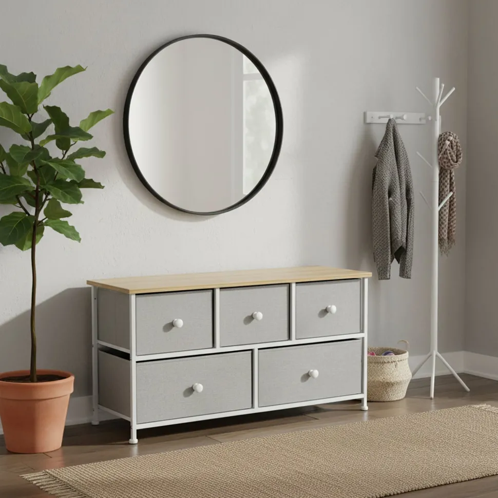 Mobiletto Multiuso 5 cassetti Legno Naturale e TNT Grigio Linea Woodhandy