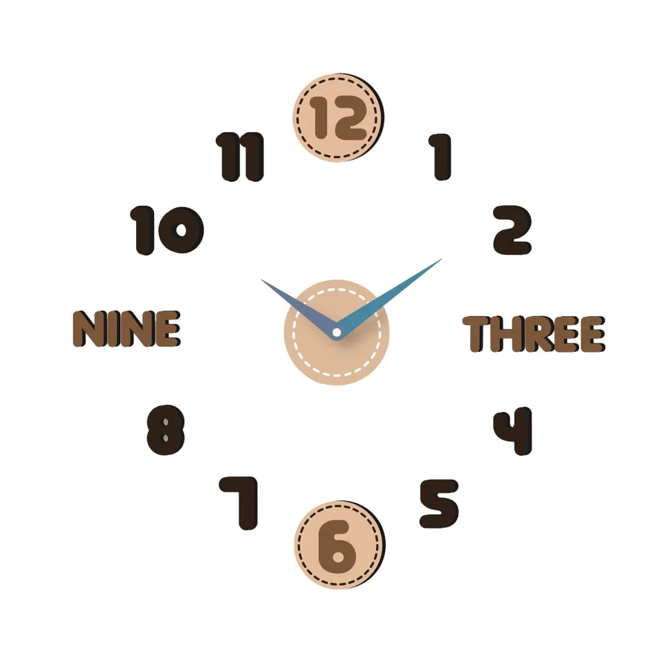 Orologio da Parete Adesivo Brown Effetto Legno Fai da Te 60x60 cm