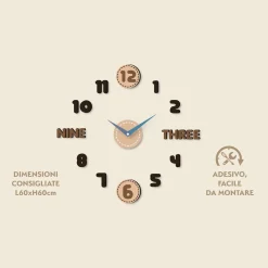 Orologio da Parete Adesivo Brown Effetto Legno Fai da Te 60x60 cm