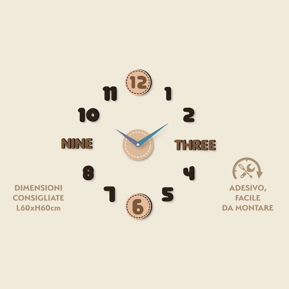 Orologio da Parete Adesivo Brown Effetto Legno Fai da Te 60x60 cm