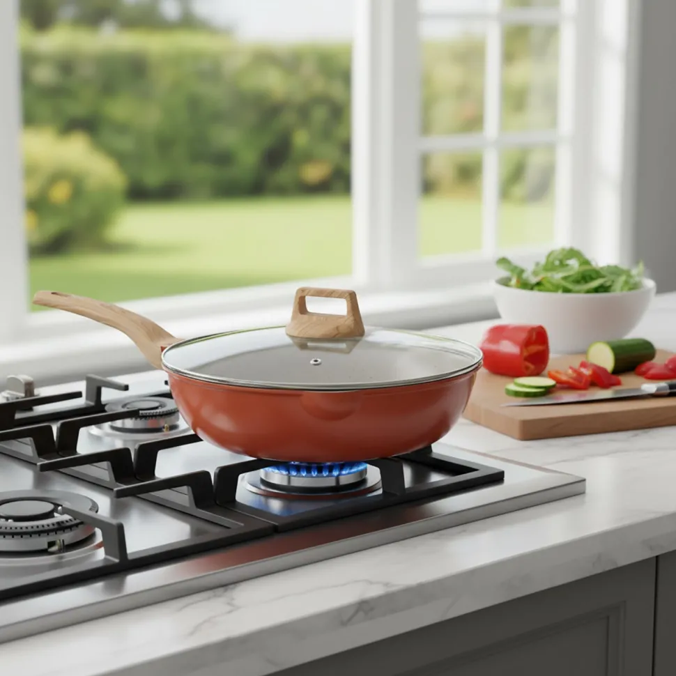 Padella Antiaderente in alluminio pressato con Coperchio in Vetro e Doppio Scolo Crazy Wood diametro 30 cm