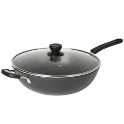 Padella Wok in alluminio pressato con coperchio in vetro Linea Black Crown