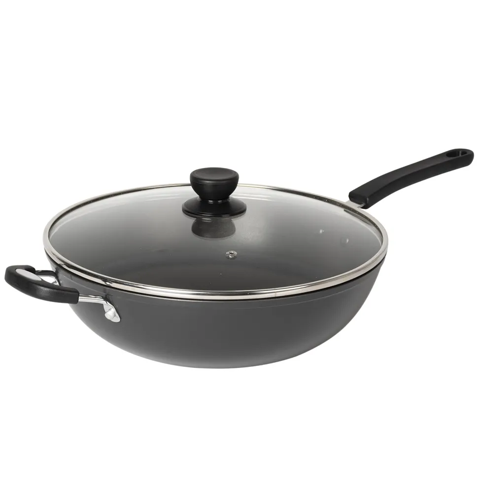 Padella Wok in alluminio pressato con coperchio in vetro Linea Black Crown