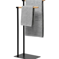 Piantana Portasciugamani 2 posti in acciaio inox Nero con elementi in bamboo