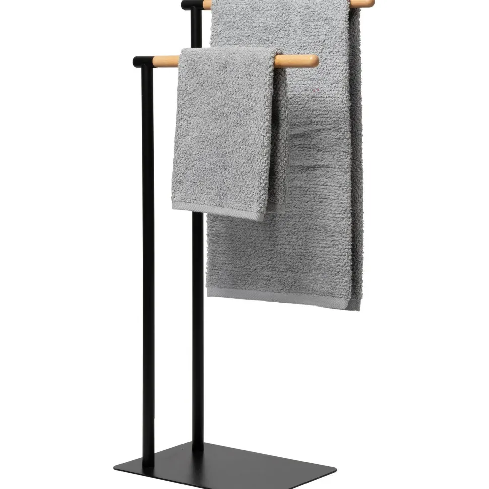 Piantana Portasciugamani 2 posti in acciaio inox Nero con elementi in bamboo