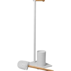 Piantana portascopino e portarotolo in acciaio inox Bianco con elementi in bamboo