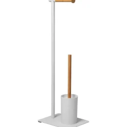 Piantana portascopino e portarotolo in acciaio inox Bianco con elementi in bamboo