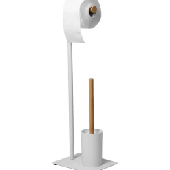Piantana portascopino e portarotolo in acciaio inox Bianco con elementi in bamboo