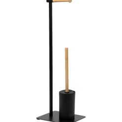 Piantana portascopino e portarotolo in acciaio inox Nero con elementi in bamboo
