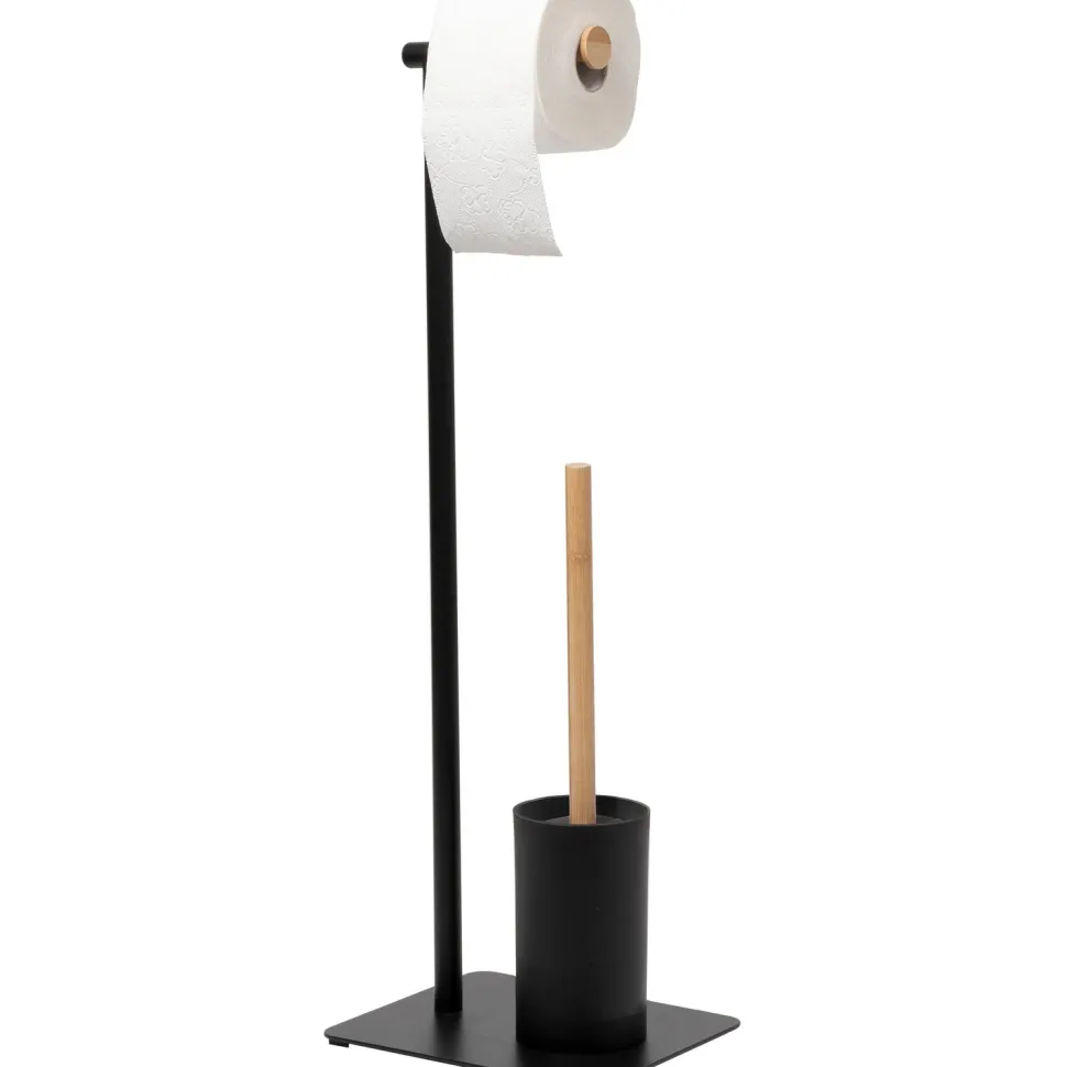 Piantana portascopino e portarotolo in acciaio inox Nero con elementi in bamboo