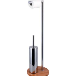 Piantana Portascopino e Portarotolo in acciaio inox con base in bamboo