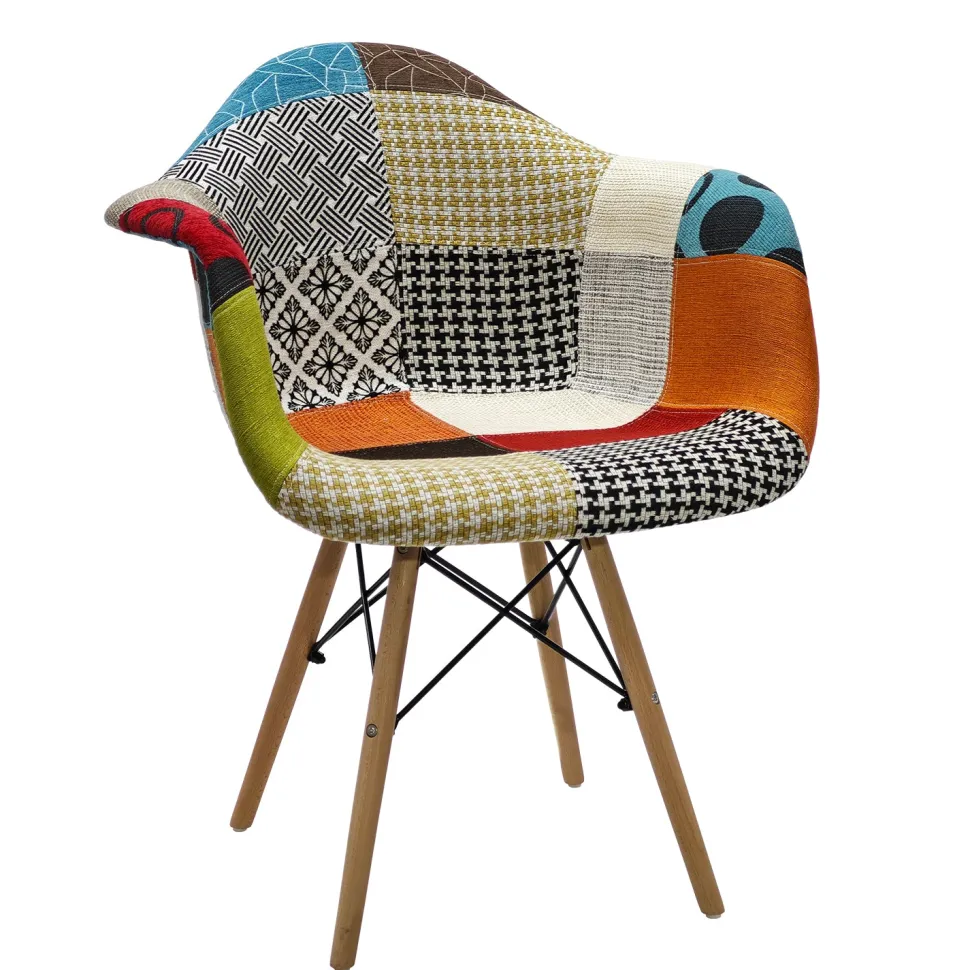 Poltrona Patchwork Imbottita con Braccioli e Gambe in Legno