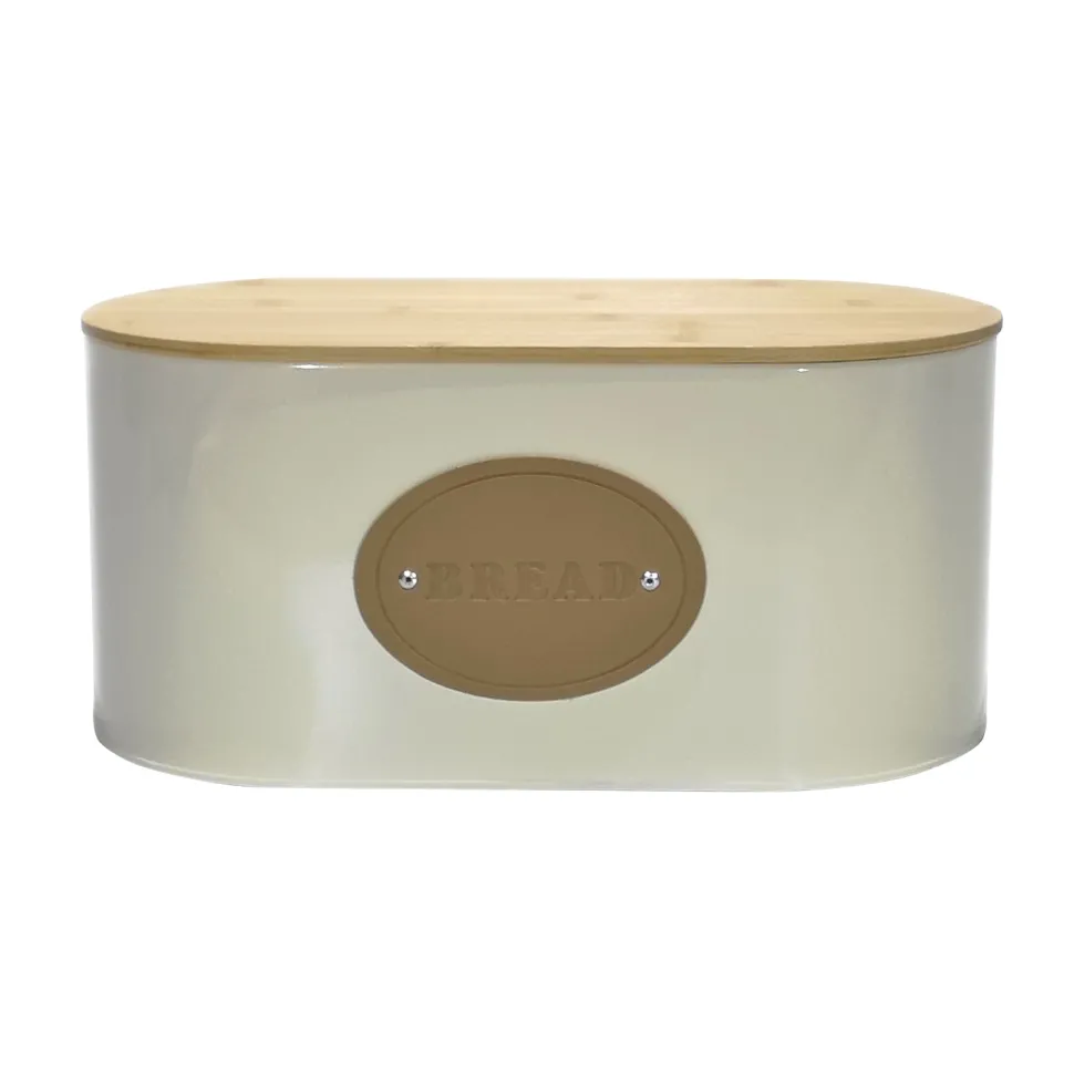 Portapane in latta Crema con coperchio in bamboo