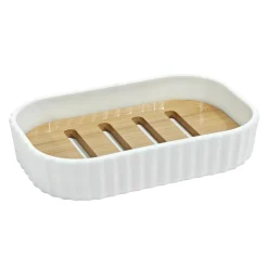 Porta saponetta in Polipropilene Bianco Rigato e Bamboo 12,5x7,5 cm