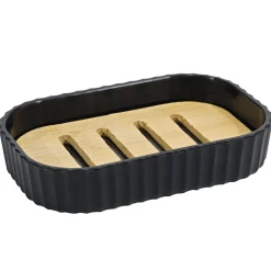 Porta saponetta in Polipropilene Nero Rigato e Bamboo 12,5x7,5 cm