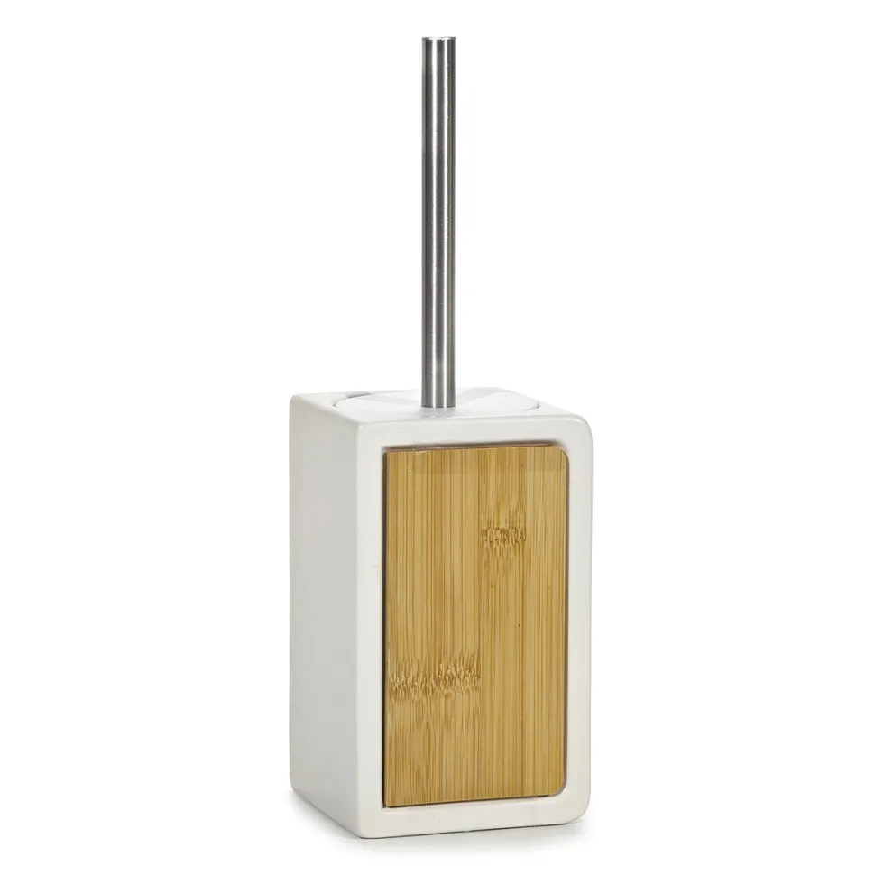 Portascopino con Scopino in Ceramica Bianca e Bamboo