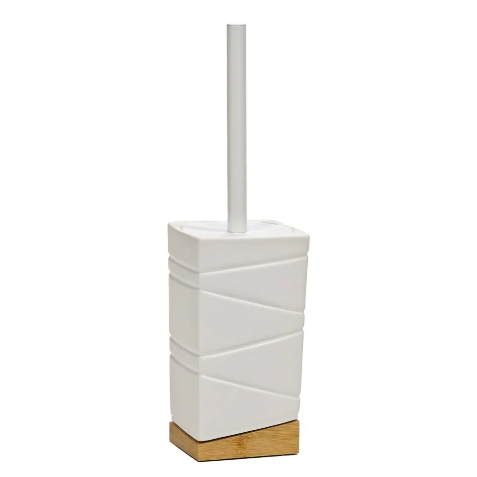 Portascopino con Scopino in Ceramica Bianca e Bamboo Design Geometrico