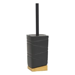 Portascopino con Scopino in Ceramica Nero e Bamboo Design Geometrico