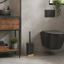 Portascopino con Scopino in Ceramica Nero e Bamboo Design Geometrico