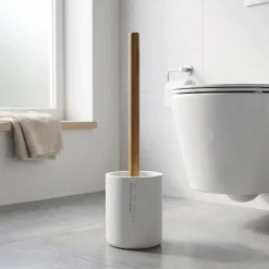 Portascopino con Scopino in Poliresina Bianco con manico in bamboo
