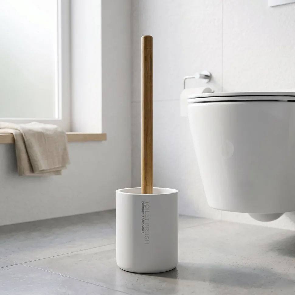 Portascopino con Scopino in Poliresina Bianco con manico in bamboo