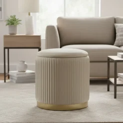 Pouf Contenitore Crema in Velluto Sintetico