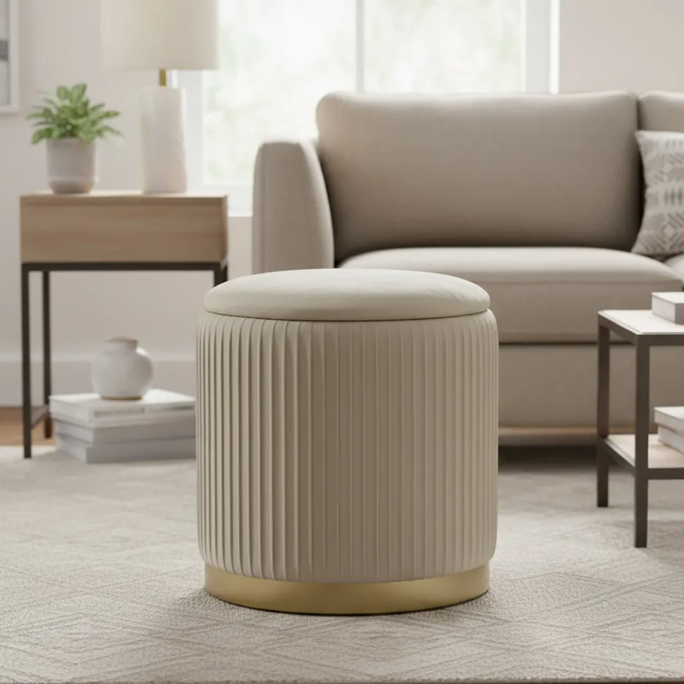 Pouf Contenitore Crema in Velluto Sintetico