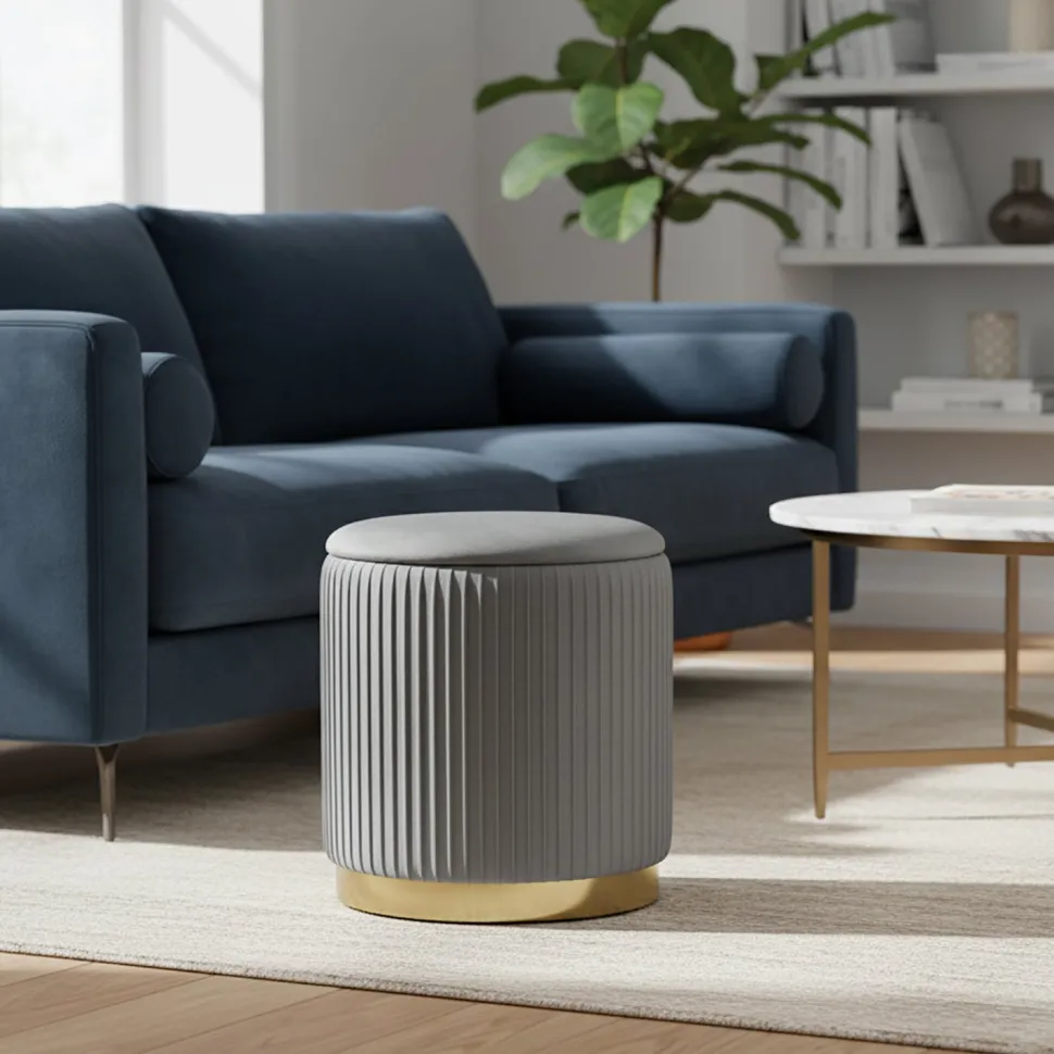 Pouf Contenitore Grigio in Velluto Sintetico