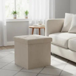 Pouf Contenitore Richiudibile Crema in Velluto Sintetico h38x38x38 cm