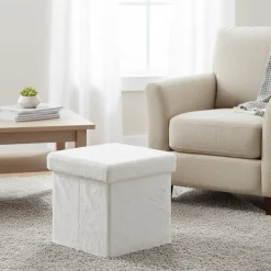 Pouf Contenitore Richiudibile Effetto pelliccia sintetica Bianco