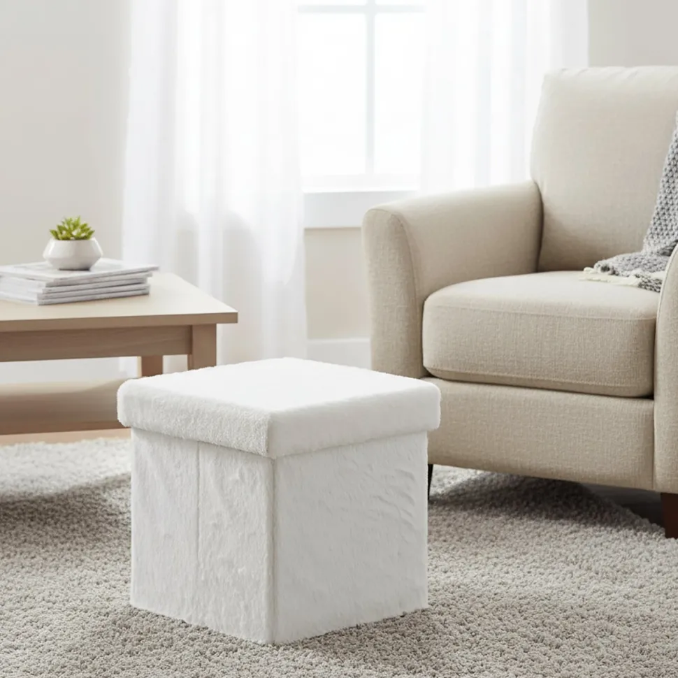 Pouf Contenitore Richiudibile Effetto pelliccia sintetica Bianco