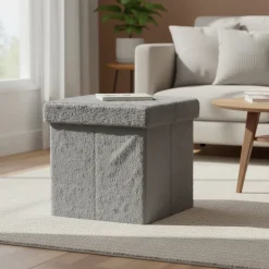Pouf Contenitore Richiudibile Effetto pelliccia sintetica Grigio