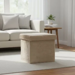 Pouf Contenitore Richiudibile Effetto pelliccia sintetica Tortora