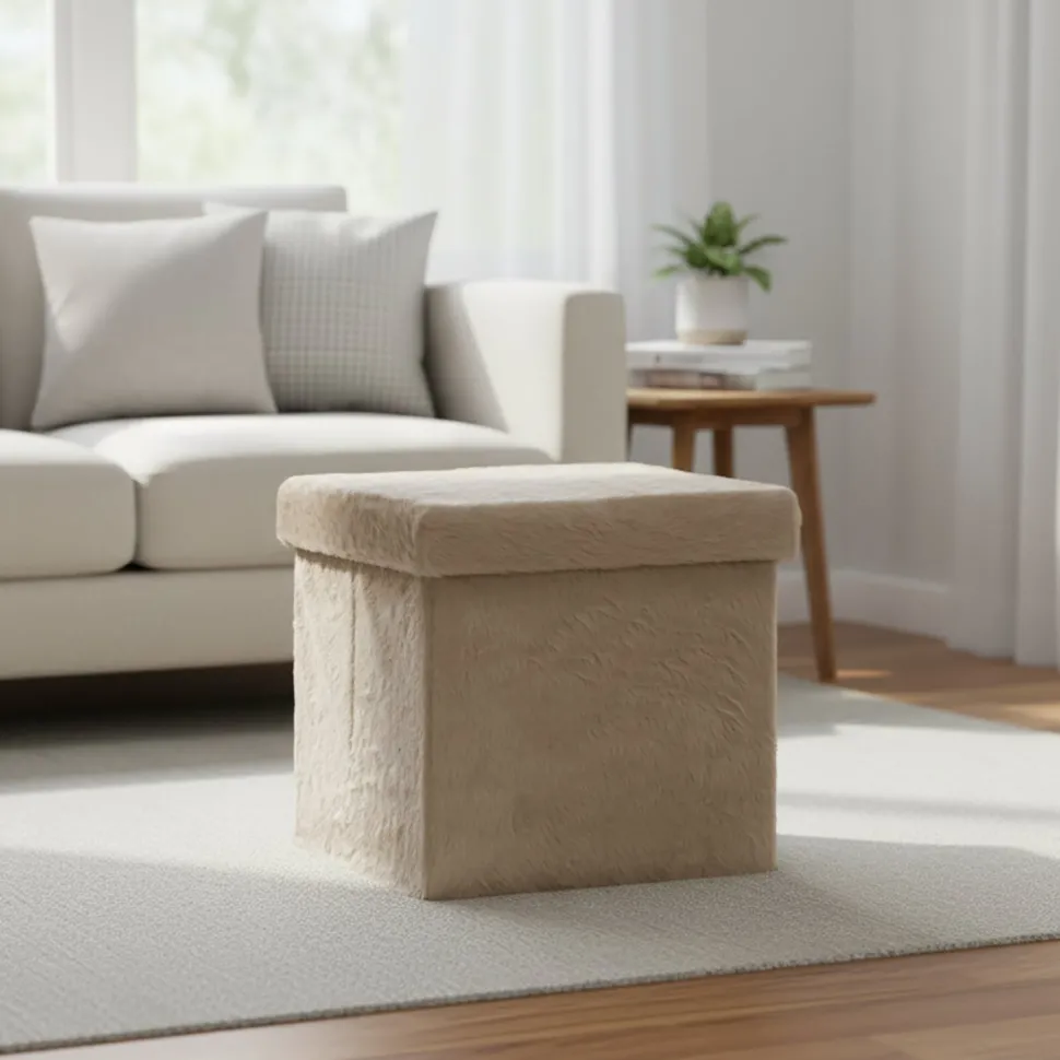 Pouf Contenitore Richiudibile Effetto pelliccia sintetica Tortora