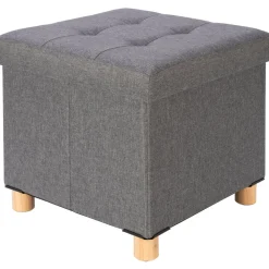 Pouf Contenitore Richiudibile Grigio con piedi in legno