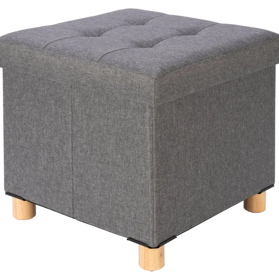 Pouf Contenitore Richiudibile Grigio con piedi in legno