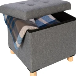 Pouf Contenitore Richiudibile Grigio con piedi in legno