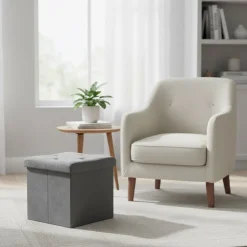 Pouf Contenitore Richiudibile Grigio in Velluto Sintetico h38x38x38 cm