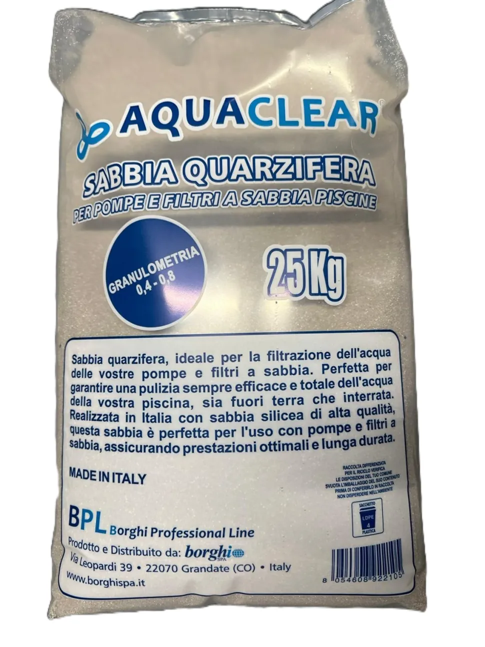 Sabbia Quarzifera 25 kg Granulometria 0,4–0,8 mm