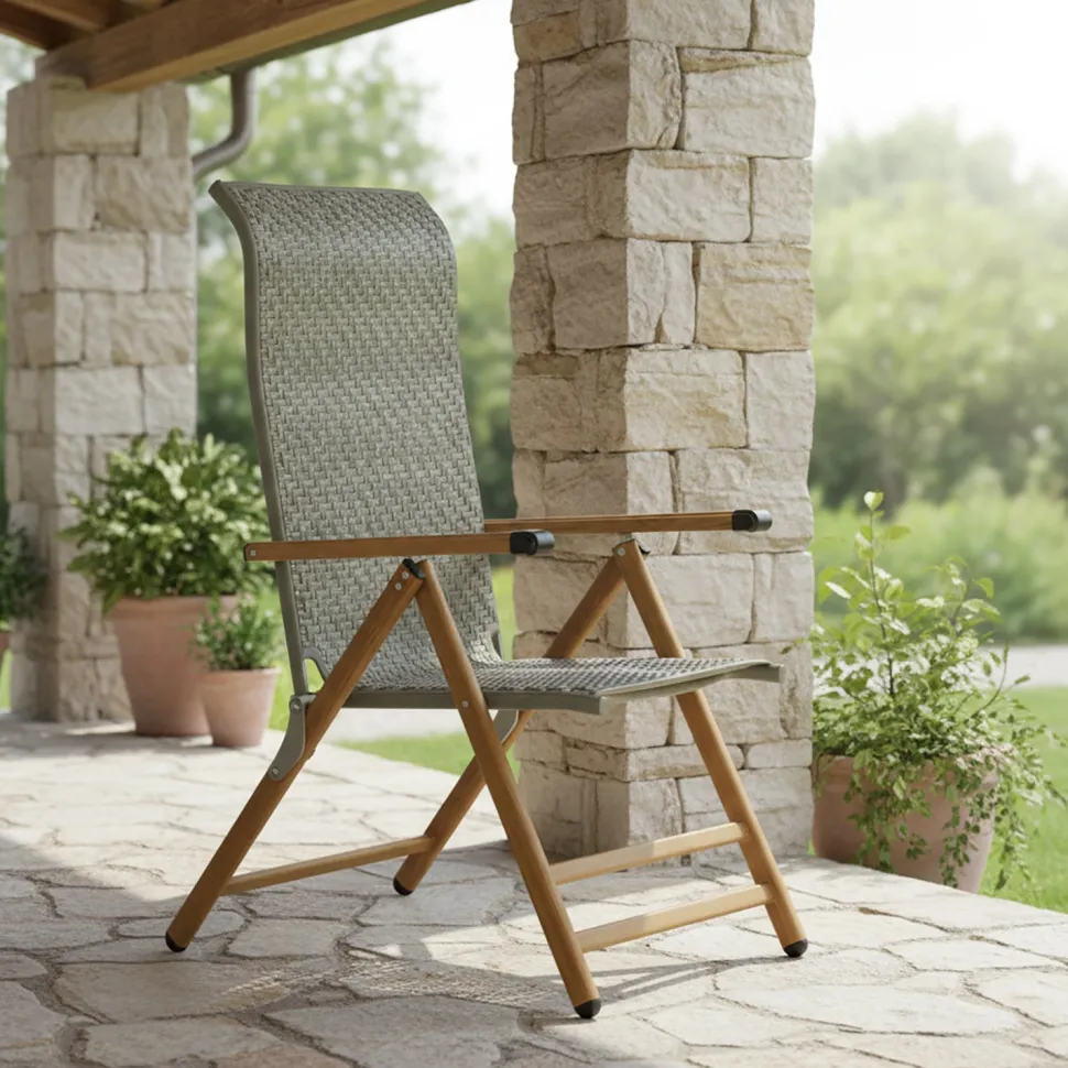 Sdraio Reclinabile in Acciaio Effetto Legno e Rattan Grigio