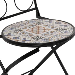 Sedia Pieghevole in metallo nero con maioliche Blu