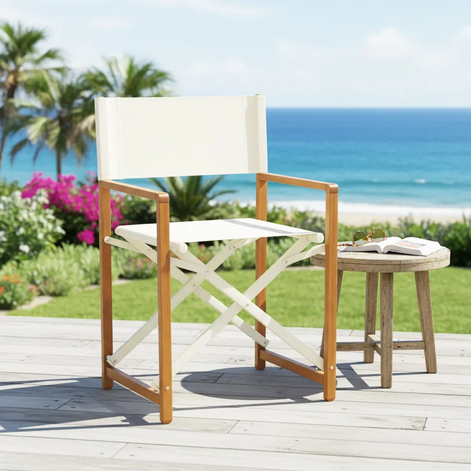 Sedia Regista Pieghevole in Alluminio Effetto Legno con Tessuto Bianco h87x45x56,5 cm