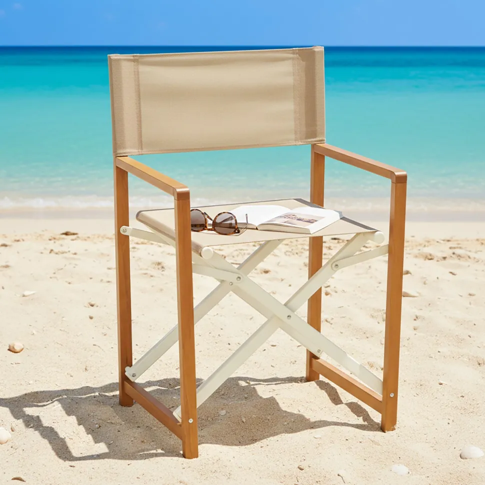 Sedia Regista Pieghevole in Alluminio Effetto Legno con Tessuto Tortora h87x45x56,5 cm