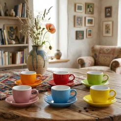 Servizio da caffè Colorato in Stoneware 6 tazzine con piattini 9 cl
